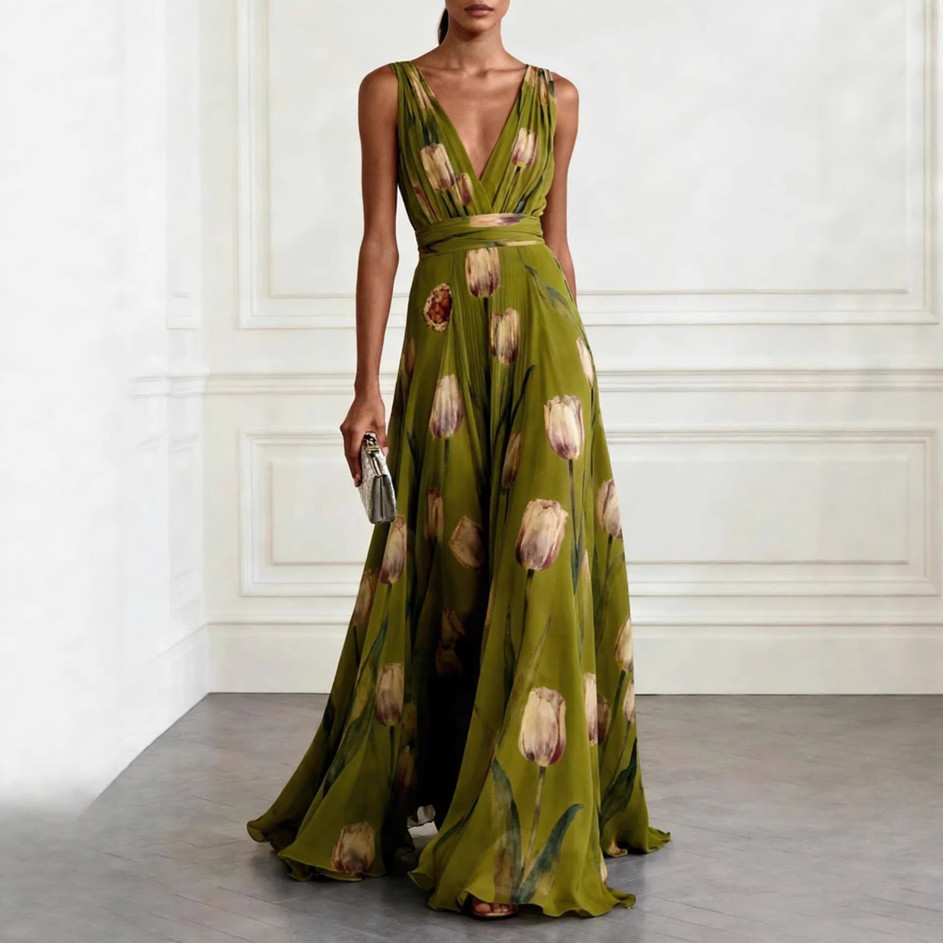 Tulip Print V-Neck Sleeveless Maxi Dress – Floral Chiffon