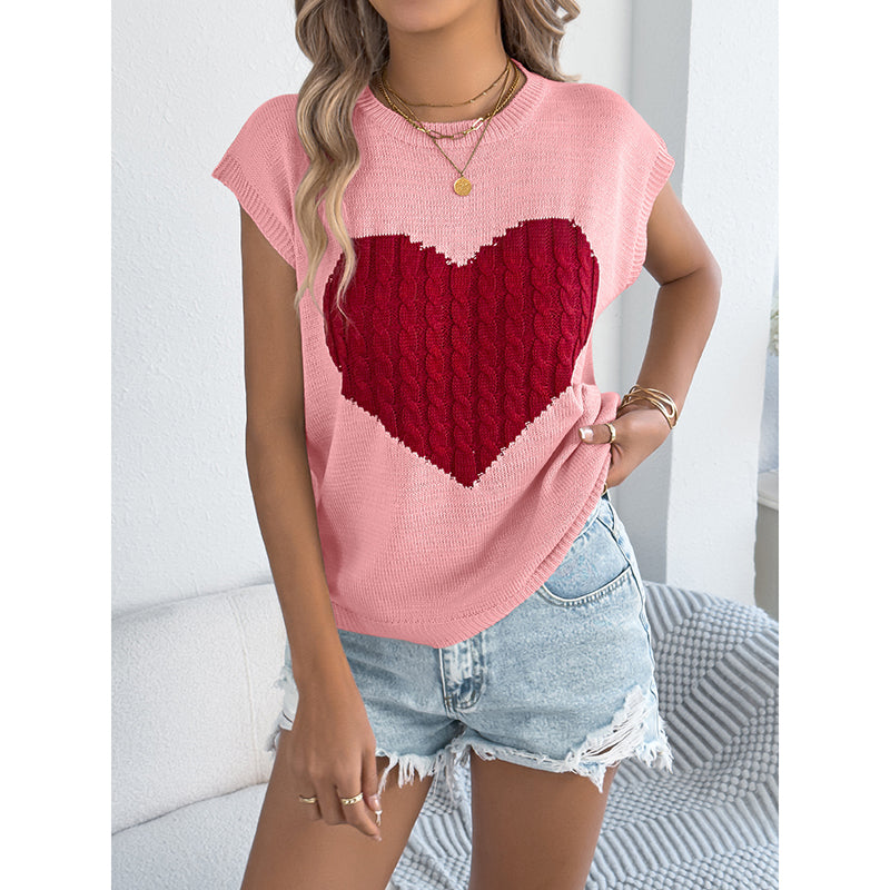 Women’s Heart Color Block Knit Top – Casual Sleeveless Valentine Tank