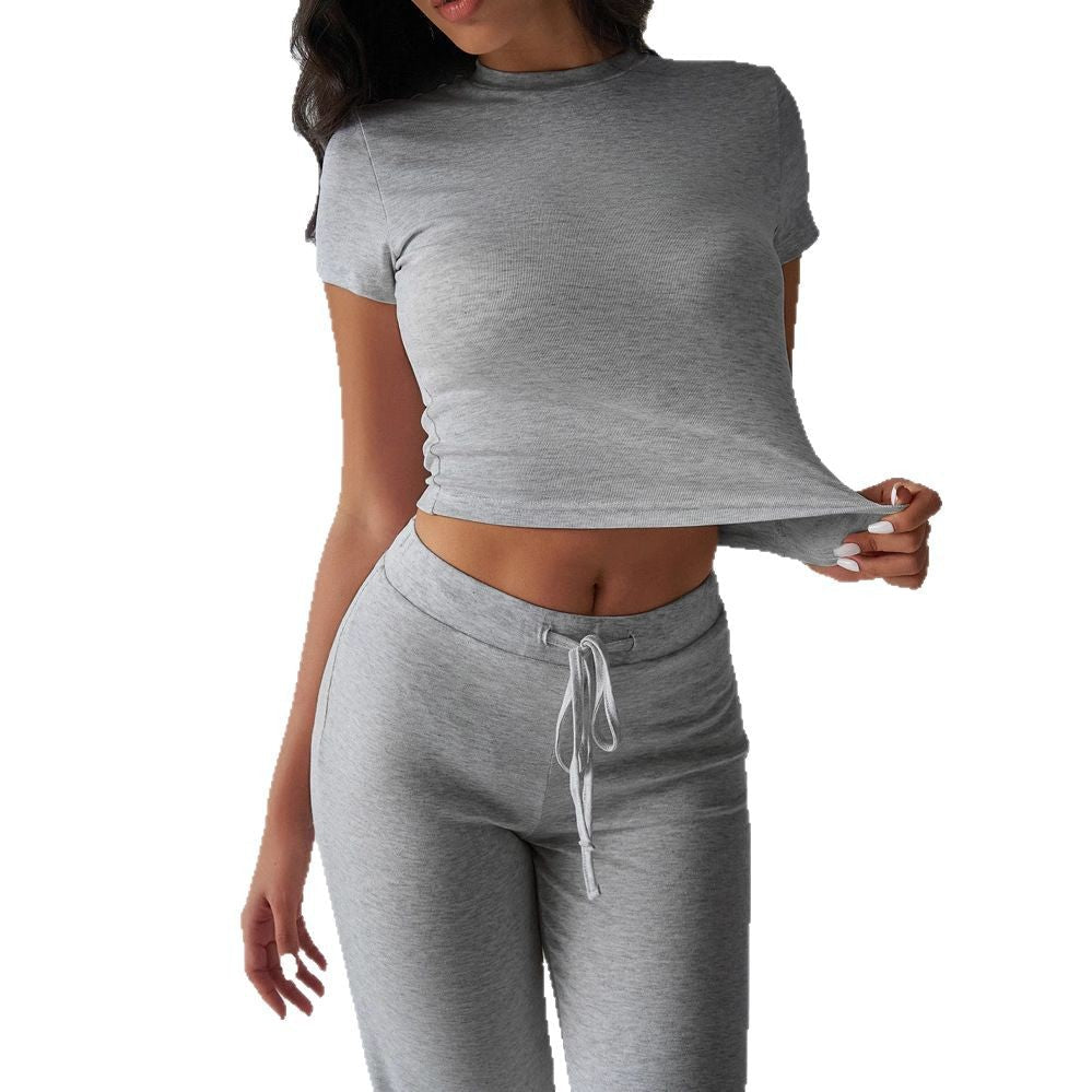 Crew Neck Short Sleeve Top & Full-Length Pants Set – Solid Color, 10 Colors