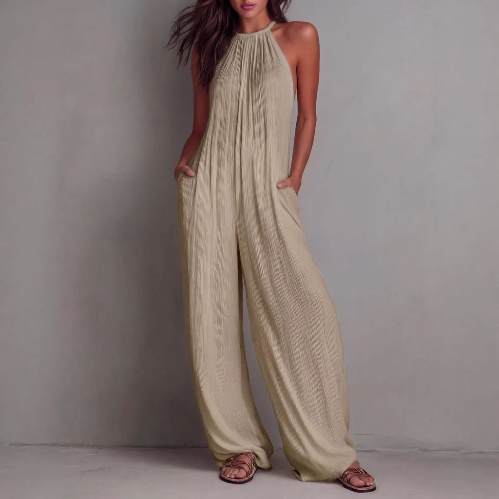 Women's Sleeveless Open-Back Wide-Leg Pleated Jumpsuit