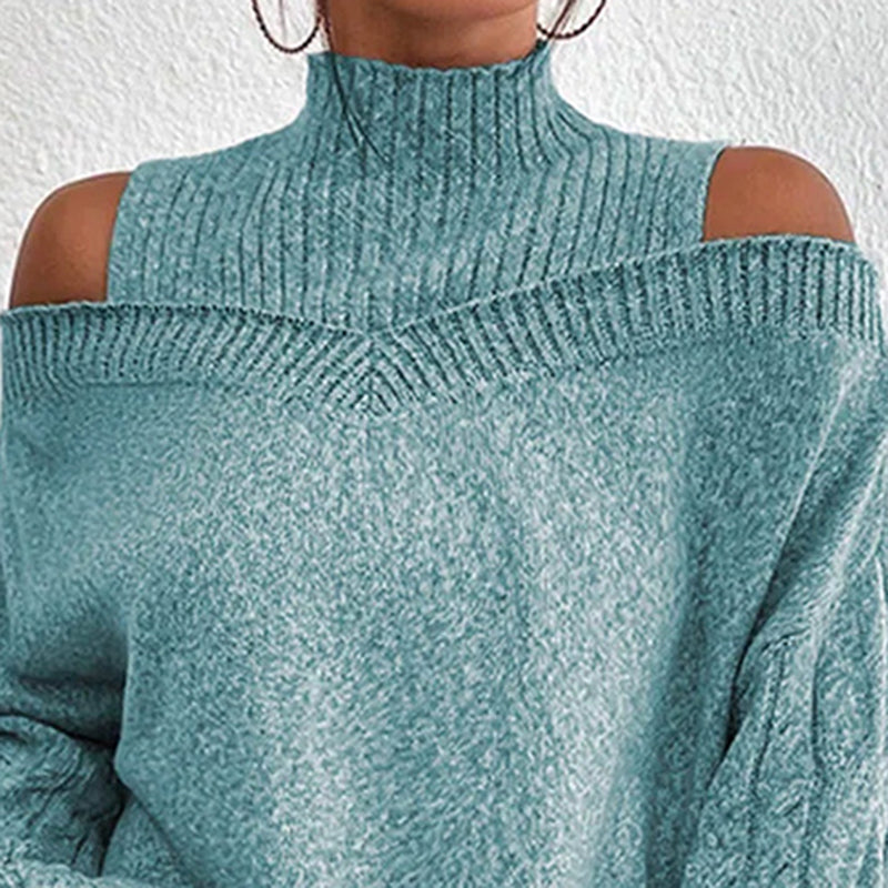 Women's Cold Shoulder Sweater - High Neck Cut Out Pullover Long Sleeve