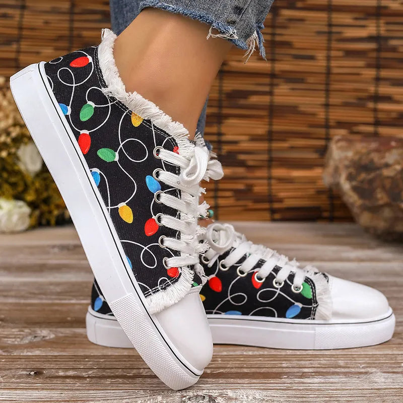 Raw Hem Printed Round Toe Sneakers – Canvas Flat Casual