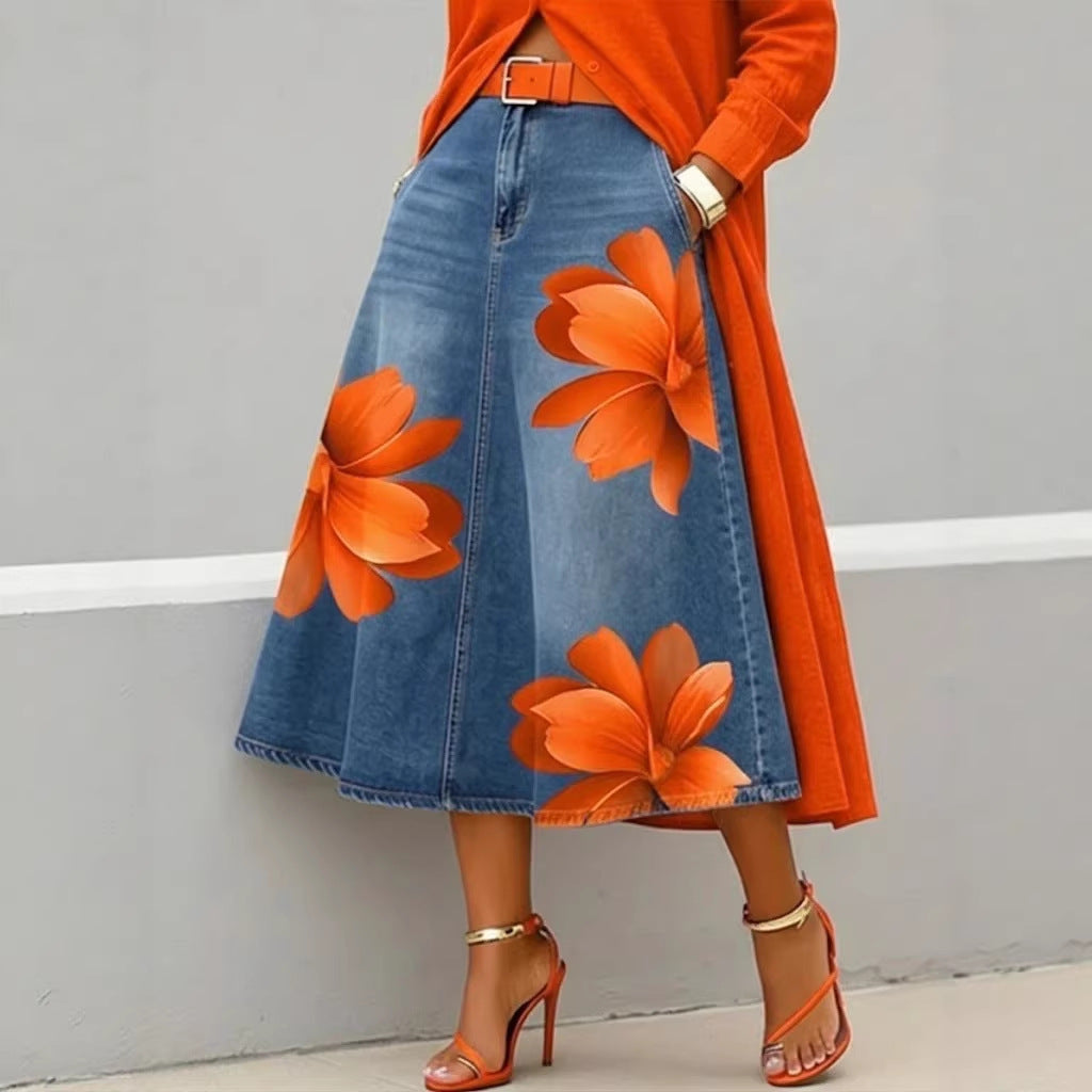 Women's Floral Print A-Line Midi Skirt – Denim-Style Boho Skirt