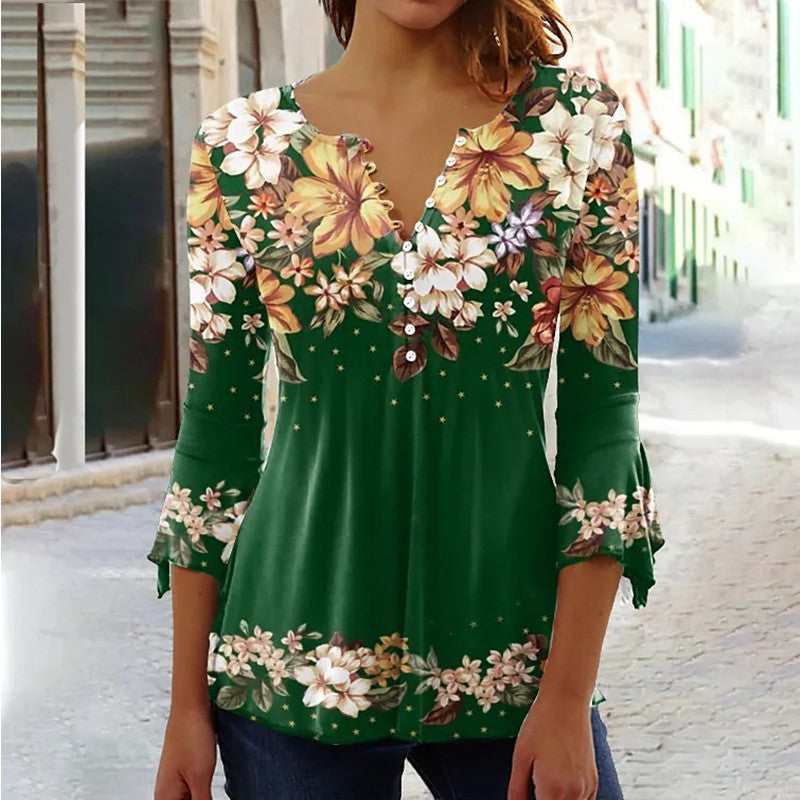 Women’s V-Neck 3/4 Sleeve Button-Front Tunic Blouse