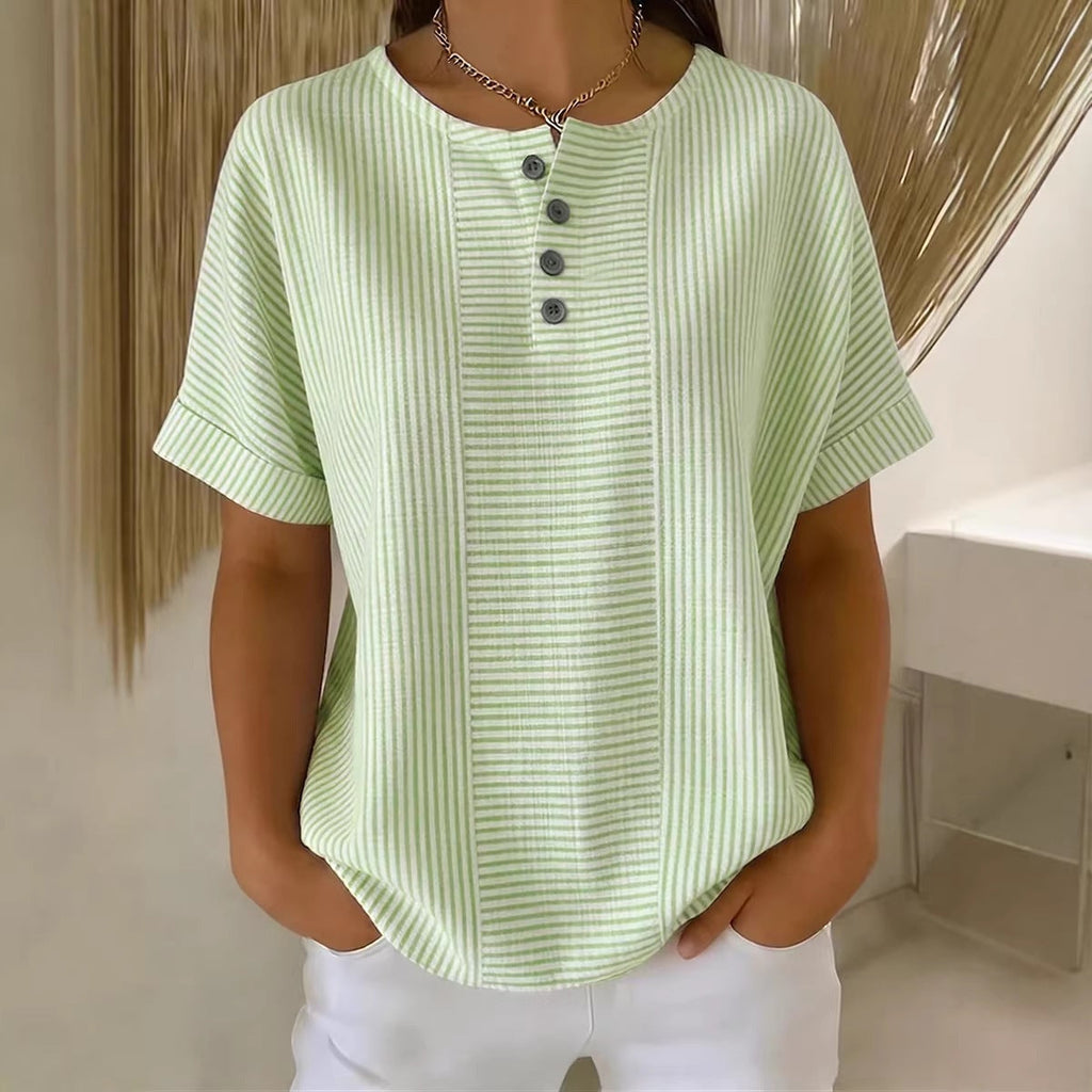 Women's Striped T-Shirt – V-Neck, Button Detail, Loose Fit
