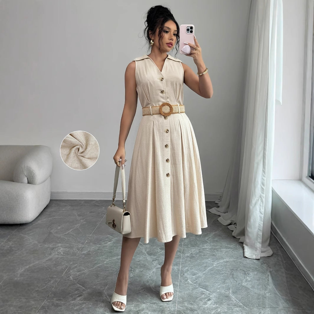V-Neck Sleeveless A-Line Shirt Dress for Women – High Waist Cotton Linen Midi
