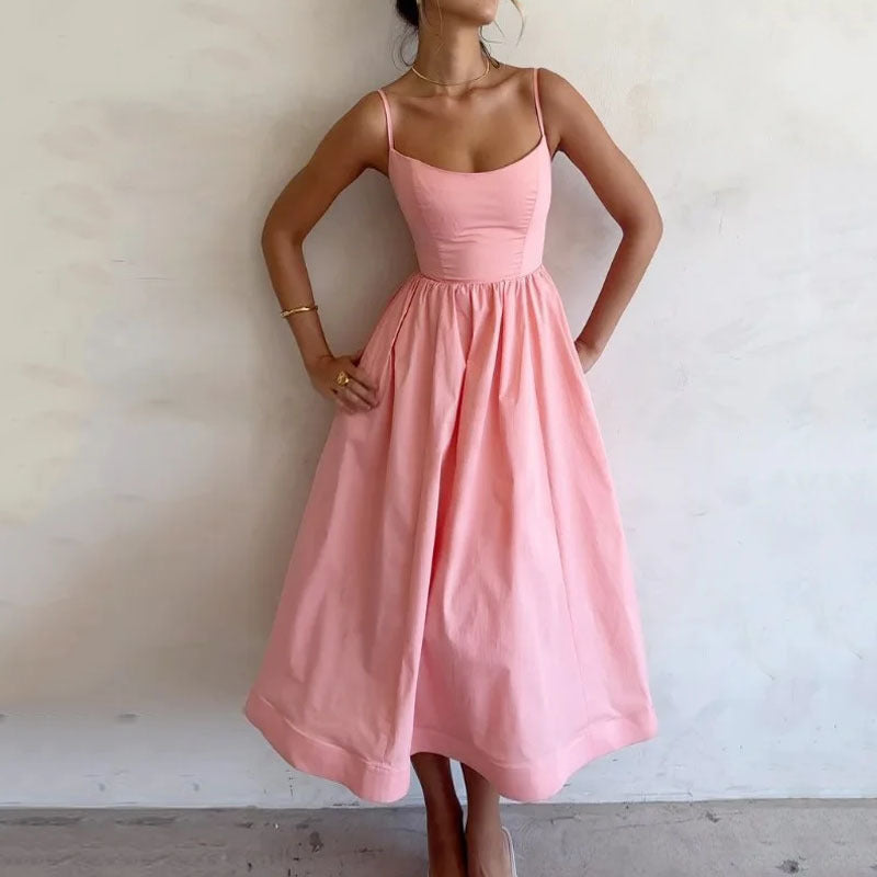🌸 Women's Solid Color Printing Fresh Sweet Suspender Dress