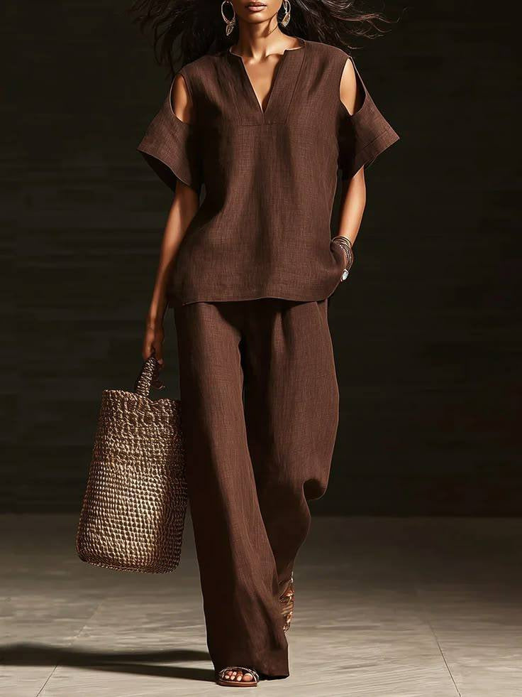 V-Neck Short Sleeve Top & Straight-Leg Pants Set – Ripped Detail, Pockets, Solid Color