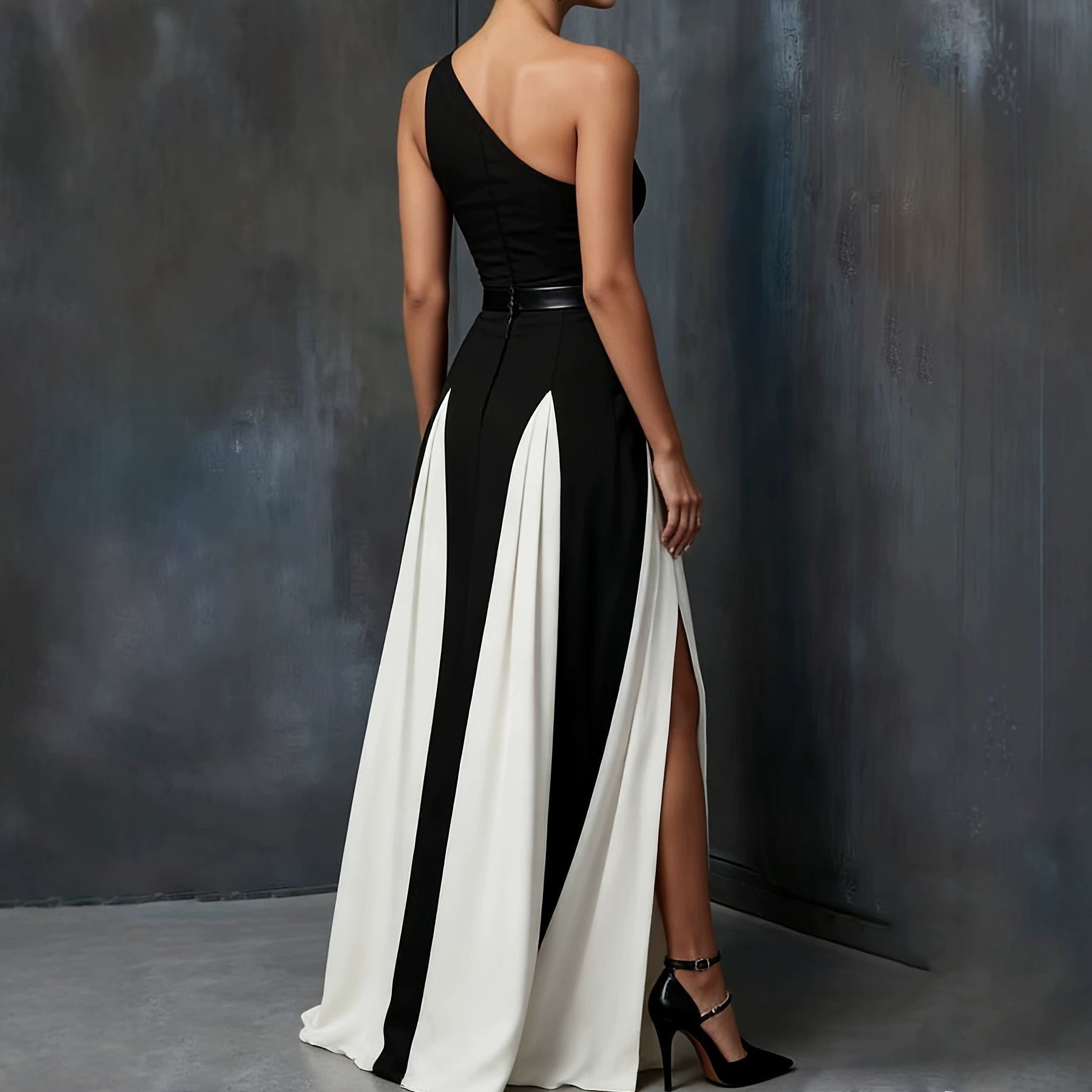 Black & White Single Shoulder Maxi Dress – Color Block Split Strap Long Dress