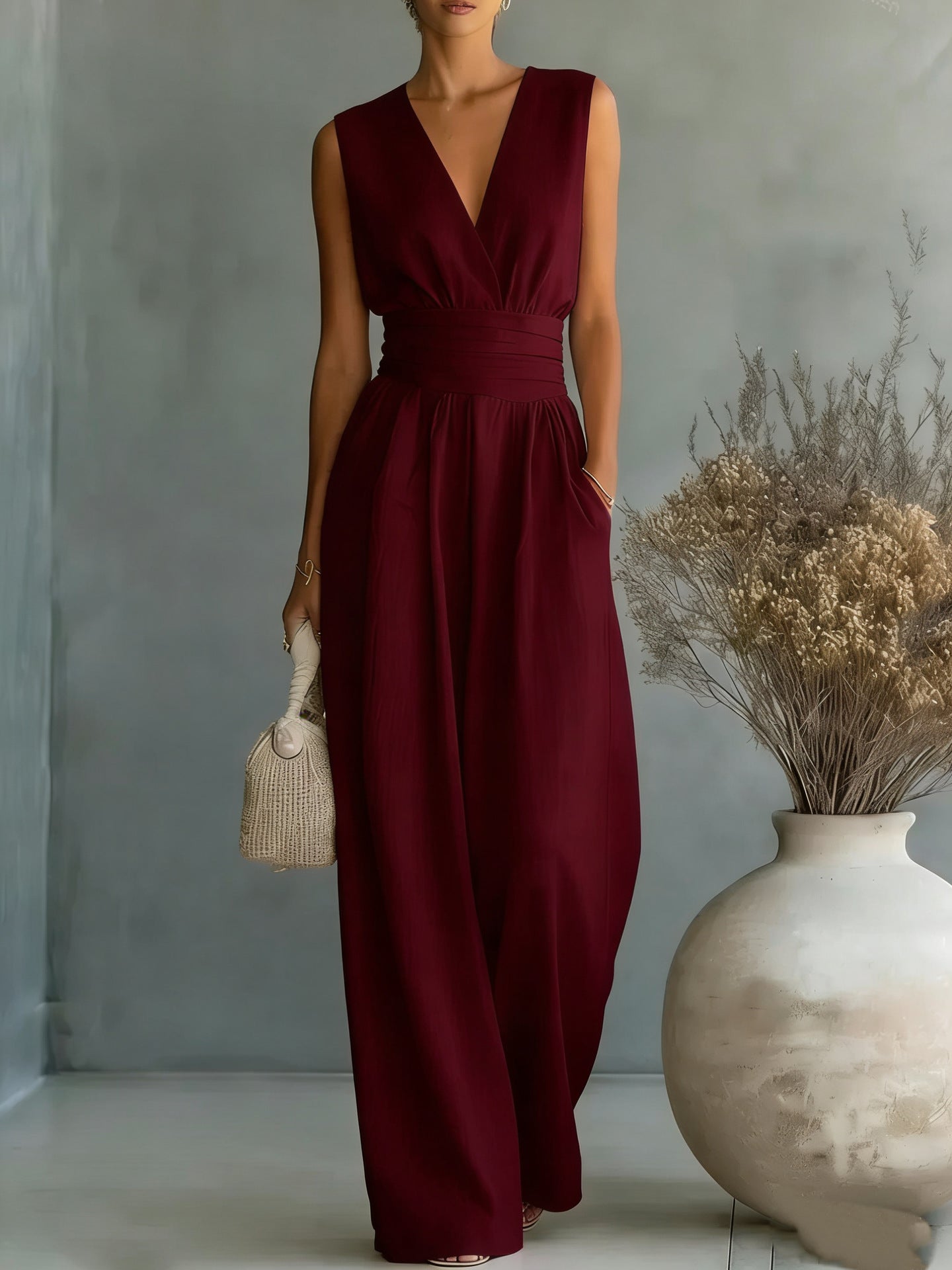 Women's Elegant V-Neck Sleeveless Jumpsuit – Waist-Cinching Straight Leg