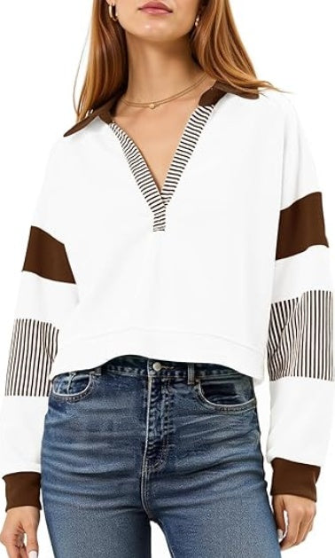 Color‑Block Cropped Polo V‑Neck Sweatshirt