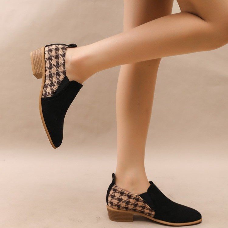 Women's Retro Color-Block Slip-On Heels – Round Toe Mid Heel Dress Shoes