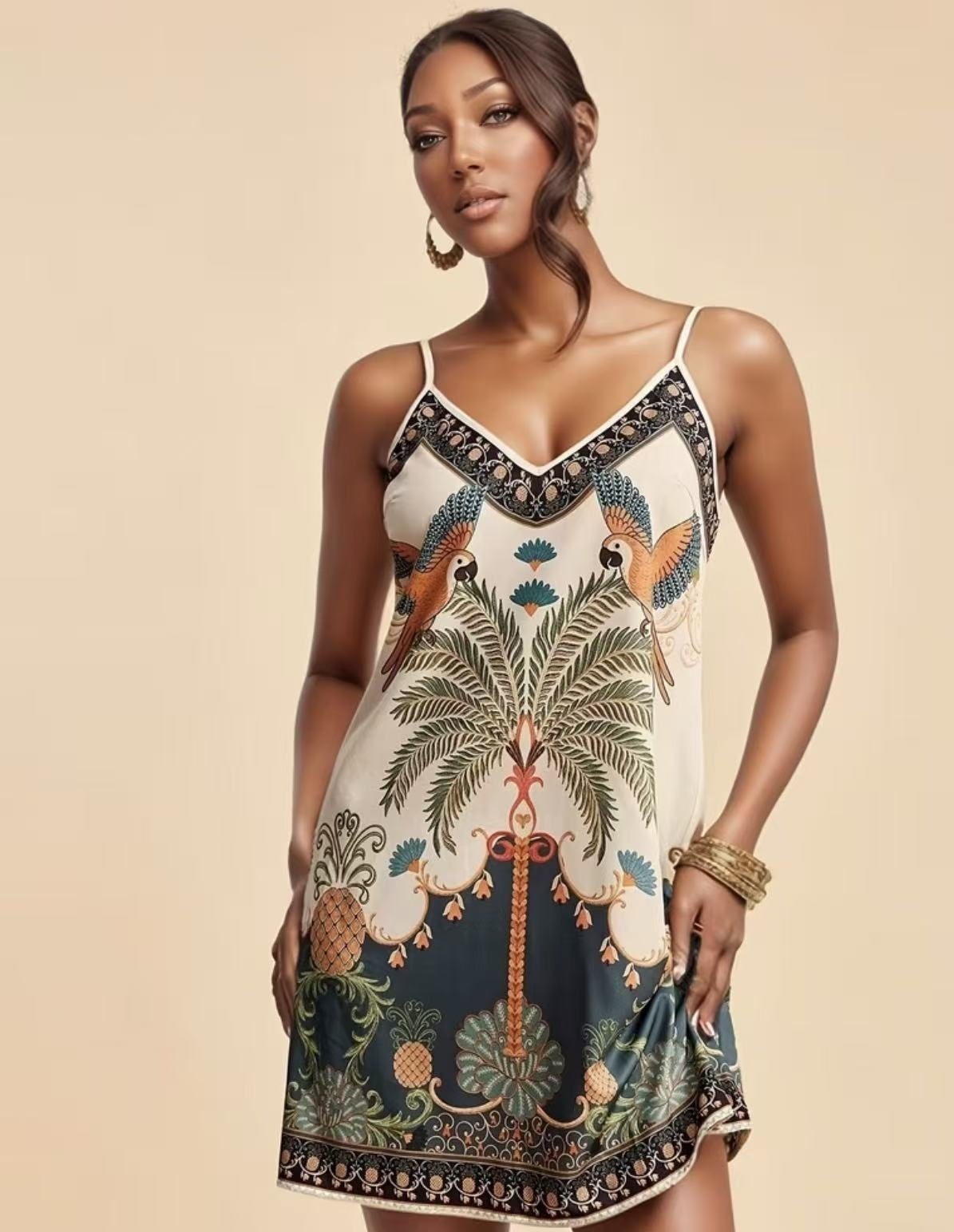 European and American-Style Tropical Print V-Neck Slip Dress