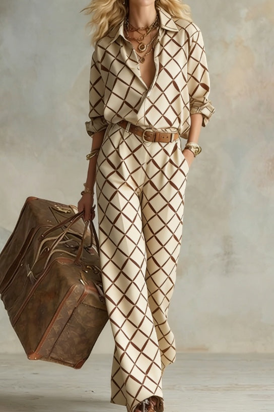 Women's Vertical Stripe Collared Loose Long-Sleeve Shirt & Wide-Leg Pants Set