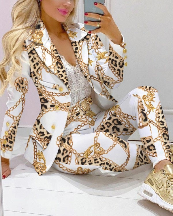 Women's Printed Coat & Trousers Two-Piece Set – 19 Prints, Casual Fashion Suit