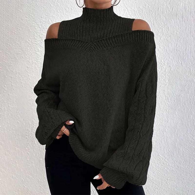 Women’s Elegant Off-Shoulder Turtleneck Sweater — Long Sleeve Knit Top