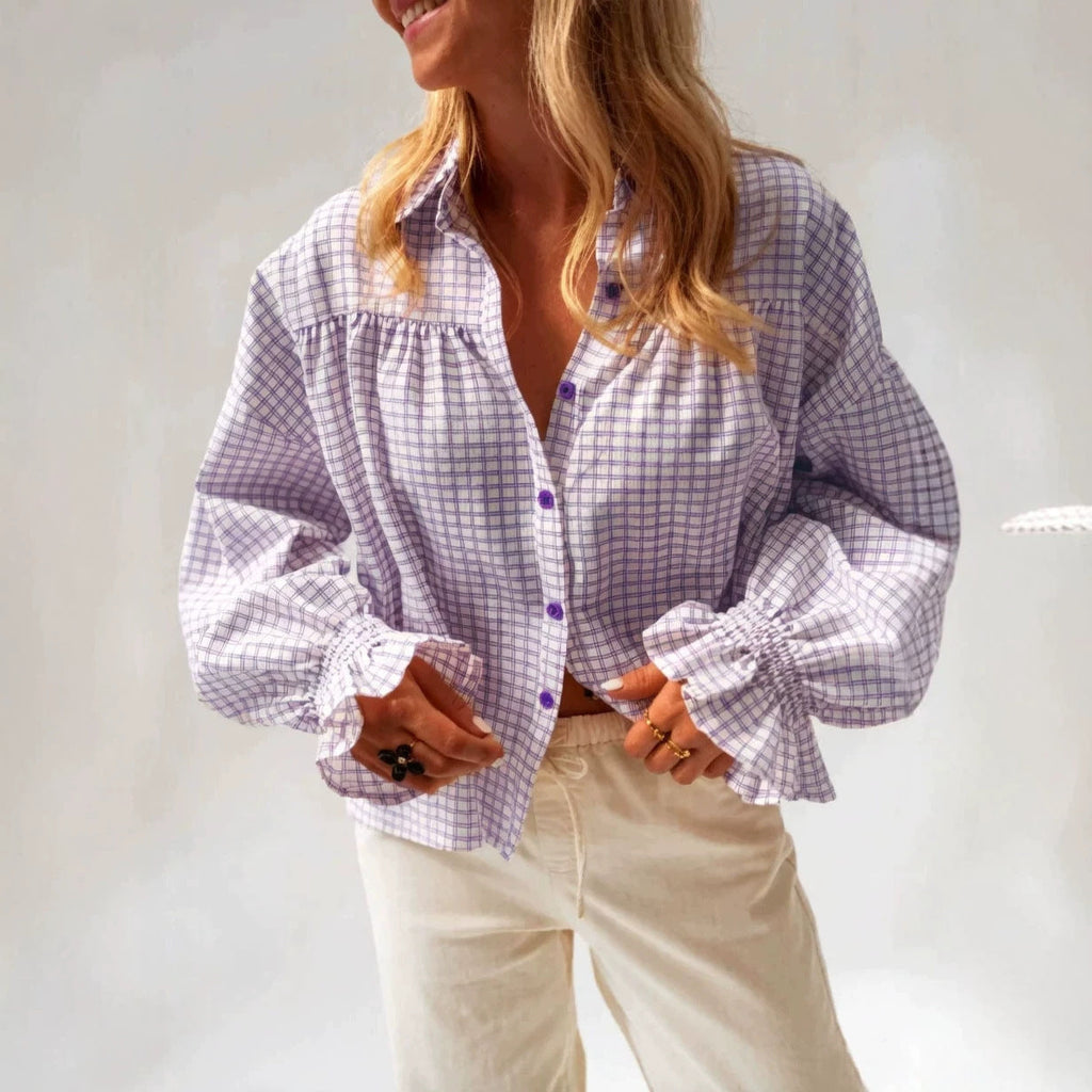 Women's Plaid Flared Sleeve Loose Fit Long Sleeve Shirt