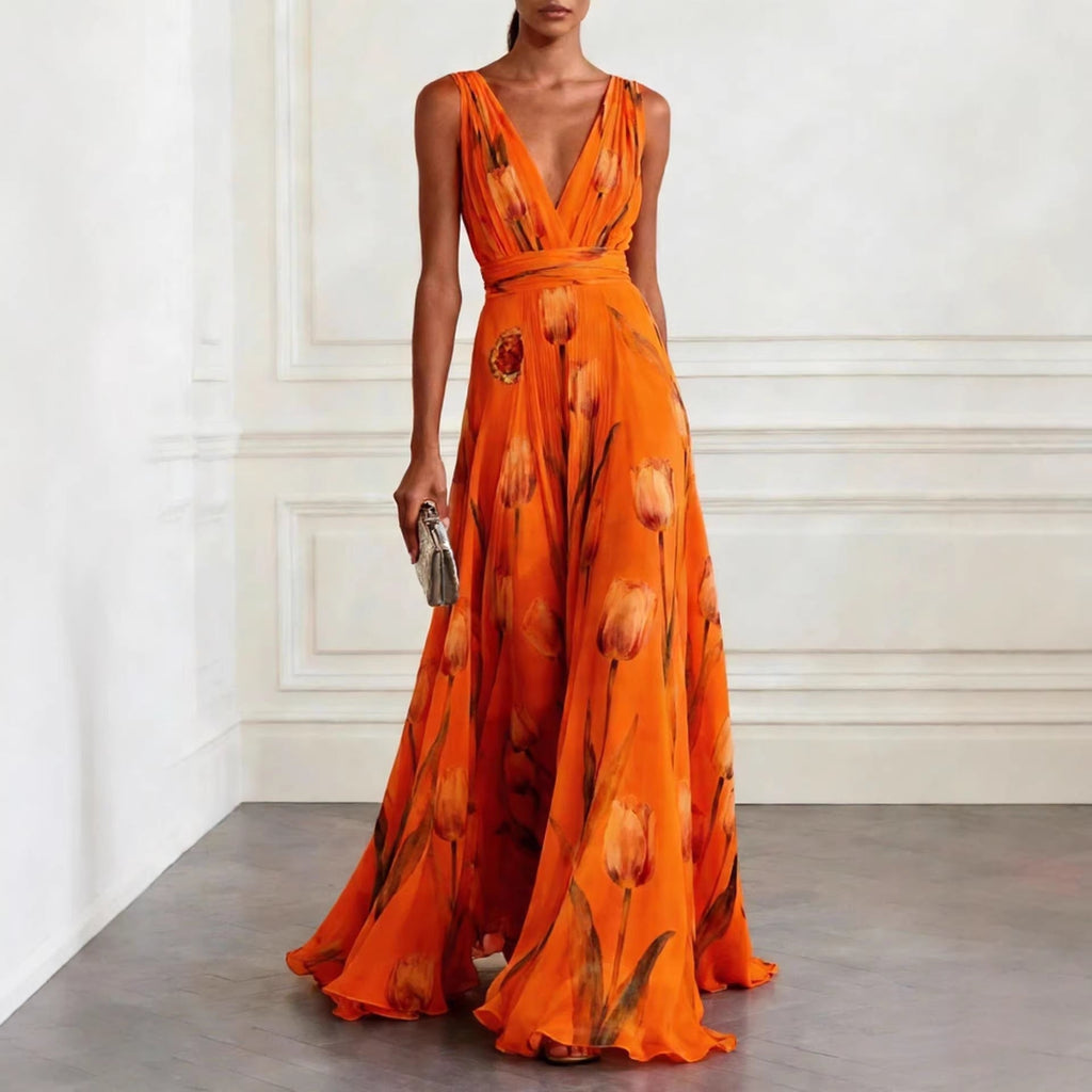 Tulip Print V-Neck Sleeveless Maxi Dress – Floral Chiffon