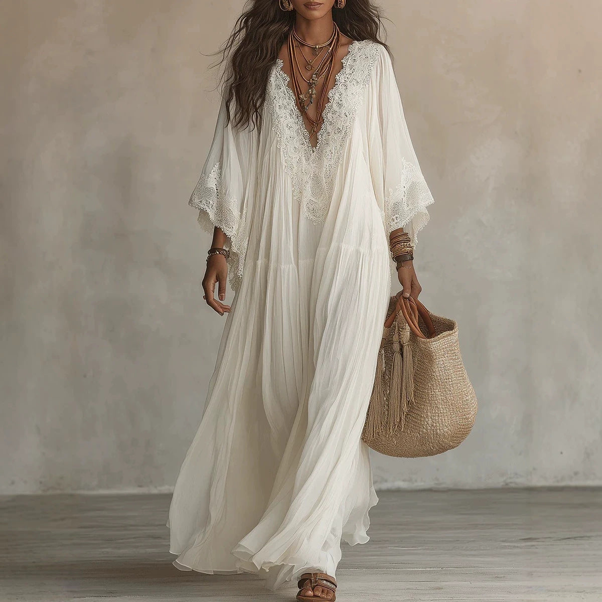 Women's Deep V-Neck Lace Trim Flared Sleeve Boho Maxi Dress