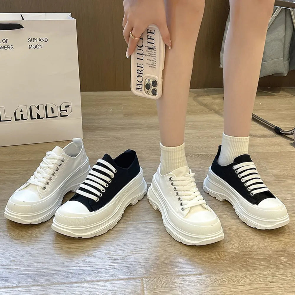 Lace-Up Round Toe Platform Sneakers – Canvas Chunky Sole