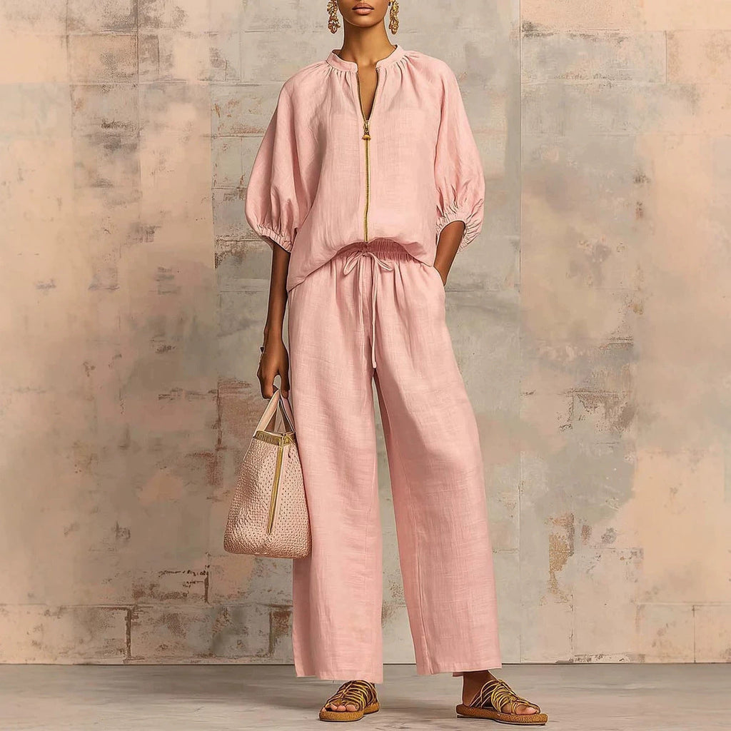 Women's Casual Loose Zipper Round Neck Wide-Leg Pants Set