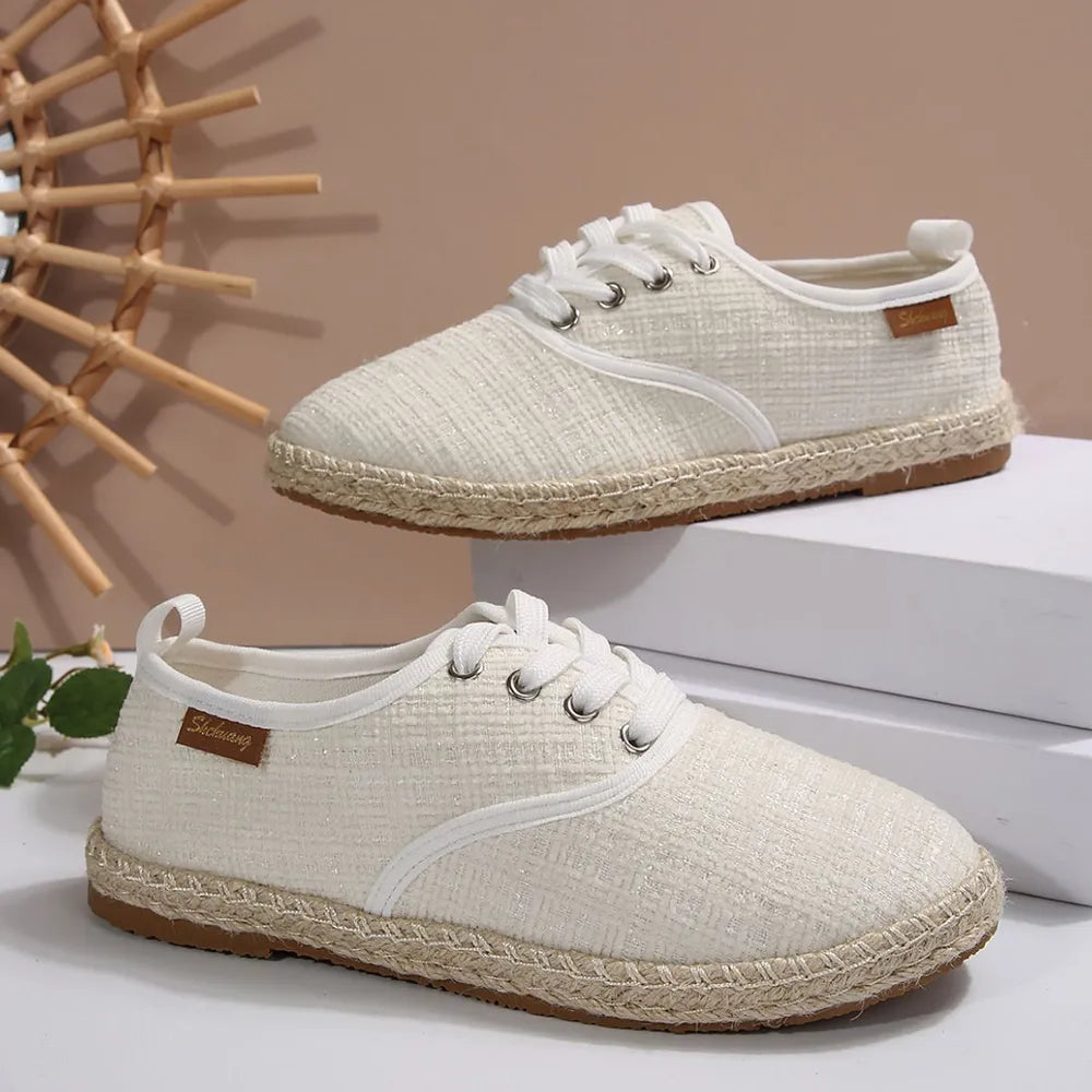 Tweed Lace-Up Round Toe Flat Sneakers – Canvas PU Casual