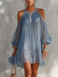 Women's Flared Chiffon Ruffle Dress with Lace Hem & Bubble Sleeves – Blue Beach Dress