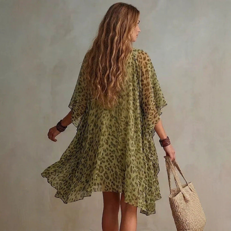 Women's V-Neck Leopard Print Chiffon Beach Cover-Up Dress
