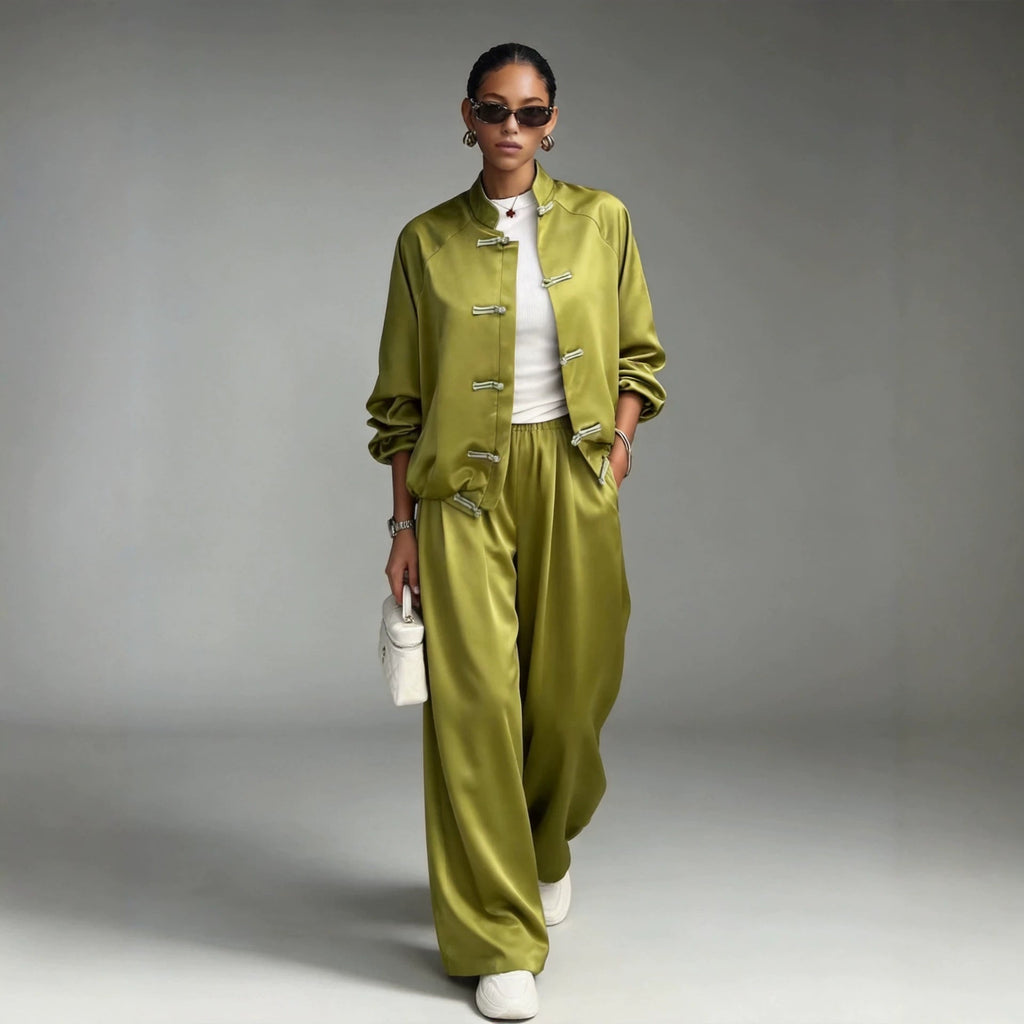 Women's Satin Two-Piece Set — Frog Button Jacket & Wide Leg Pants