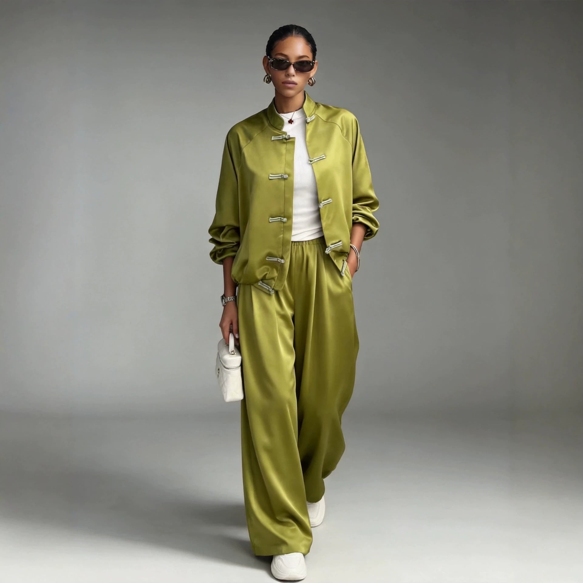 Women's Satin Two-Piece Set — Frog Button Jacket & Wide Leg Pants