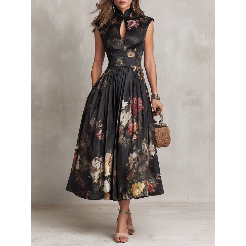 Women's Black 3D Floral Print Mandarin Collar Sleeveless Maxi Dress
