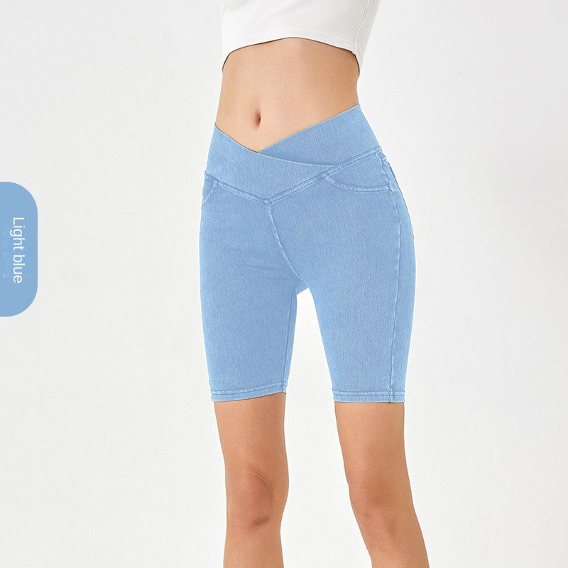 High-Waist Stretchy Denim Shorts with Pockets – Slimming Casual Fitness Shorts