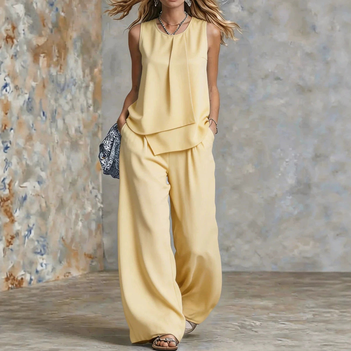 Women's Sleeveless Two-Piece Set – Solid Color Wide-Leg Pants & Top