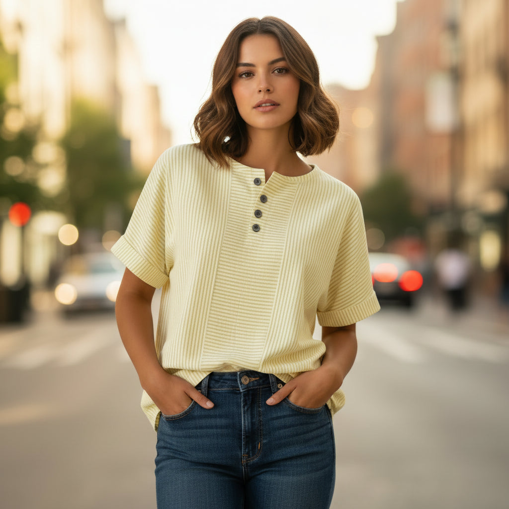 Women's Striped T-Shirt – V-Neck, Button Detail, Loose Fit