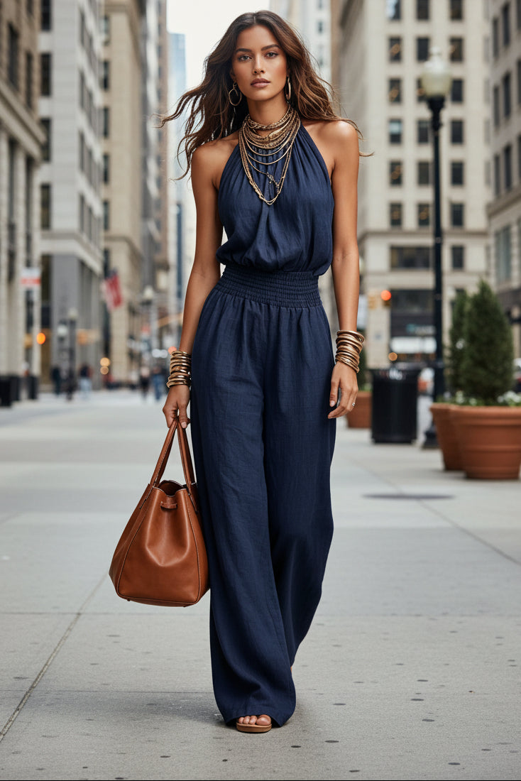 Women's Sleeveless Backless Lace-Up Halter Wide-Leg Jumpsuit