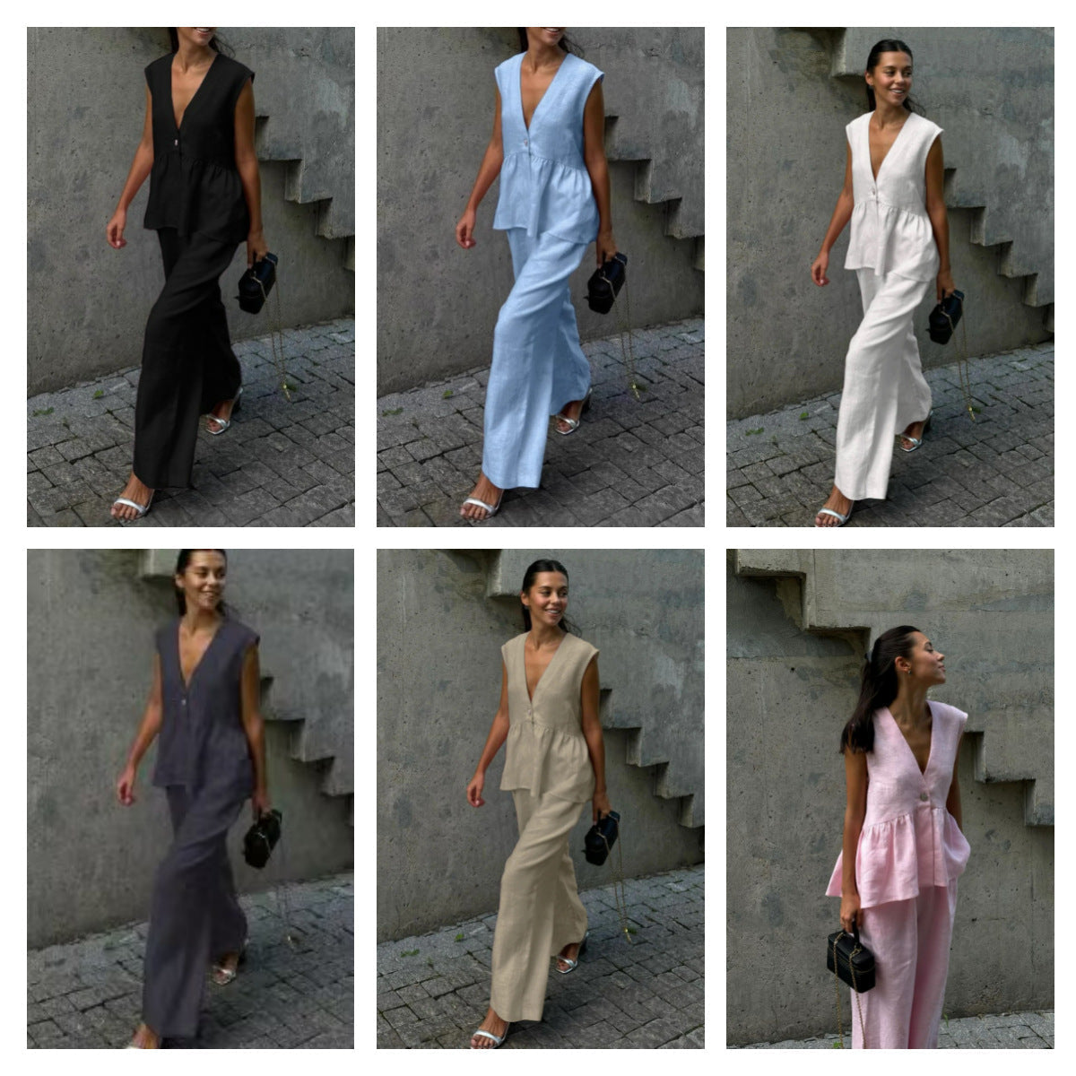 Women’s Cotton V-Neck Sleeveless Vest and Wide-Leg Pants Set