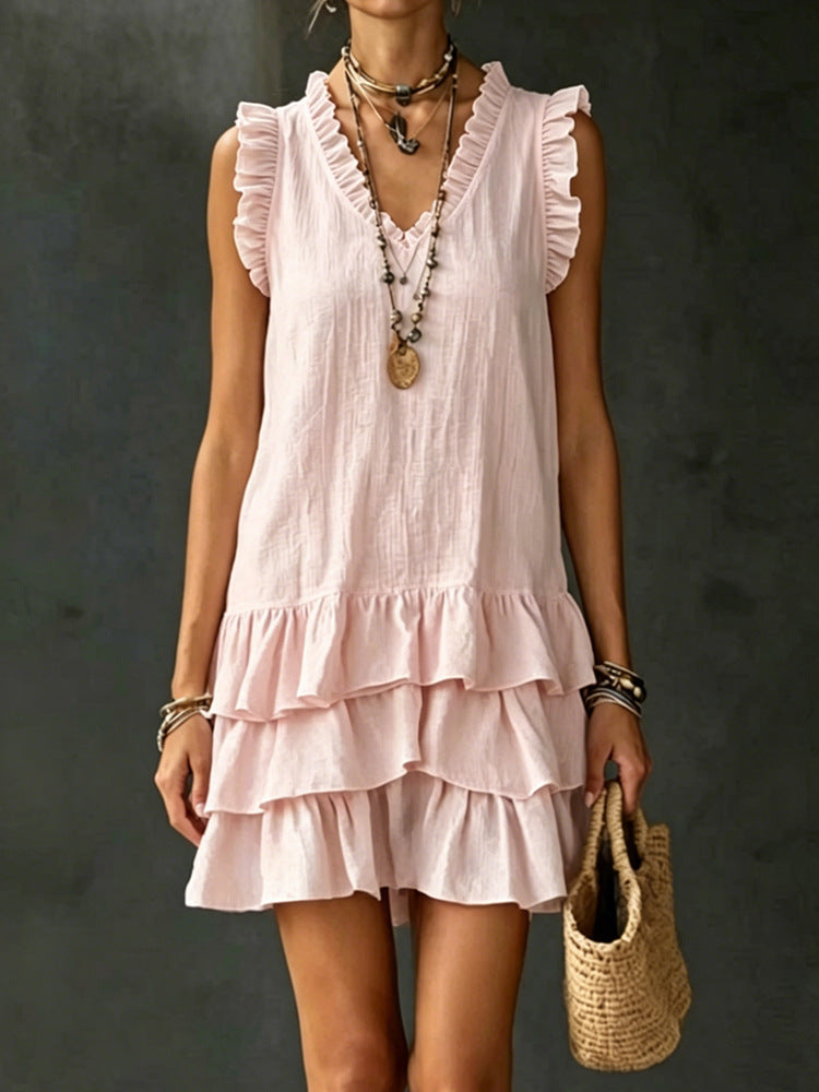 V-Neck Ruffle-Trim Tiered Sleeveless Midi Dress – 4 Colors, S–XXL