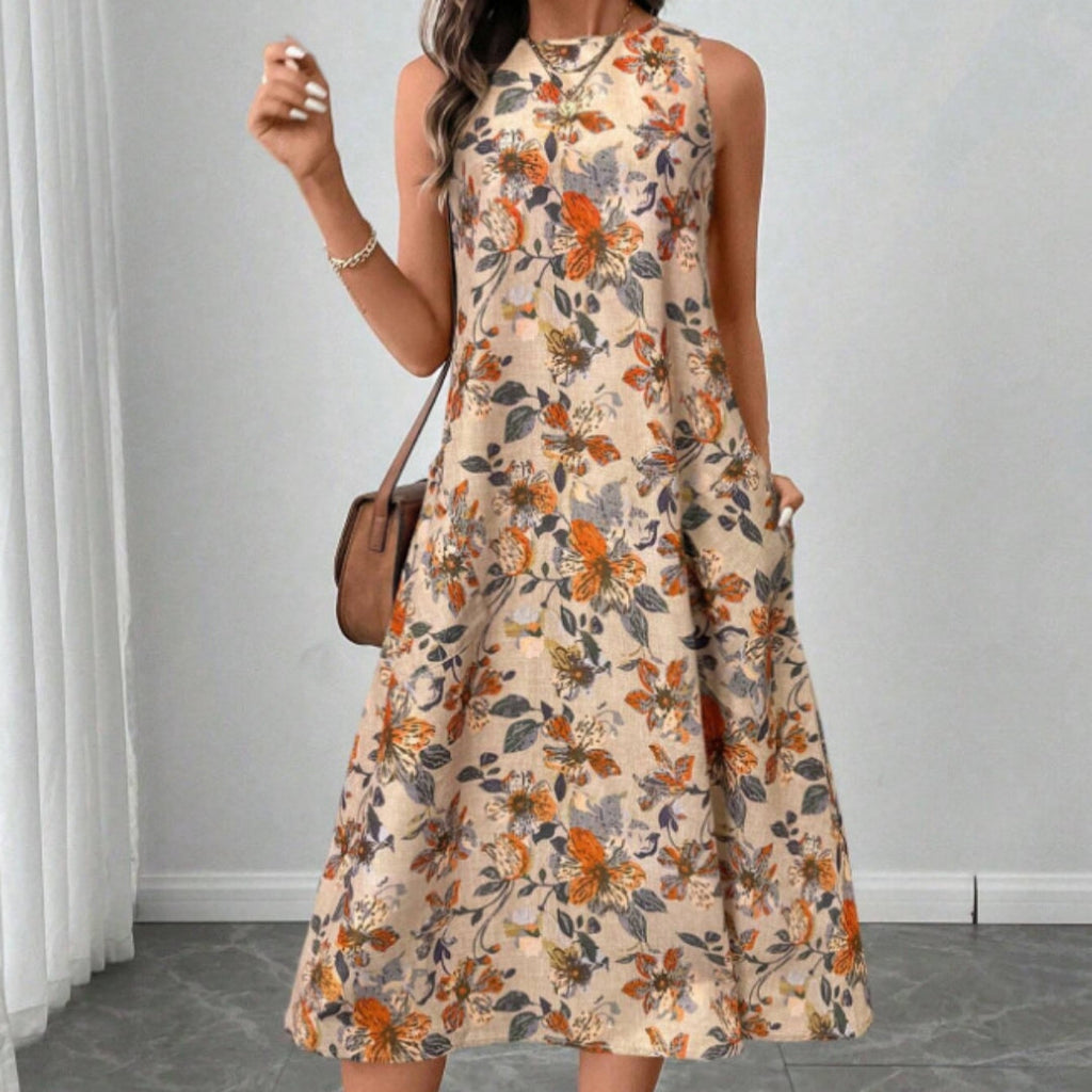Floral Print A-Line Midi Dress with Pockets | Boho Vintage