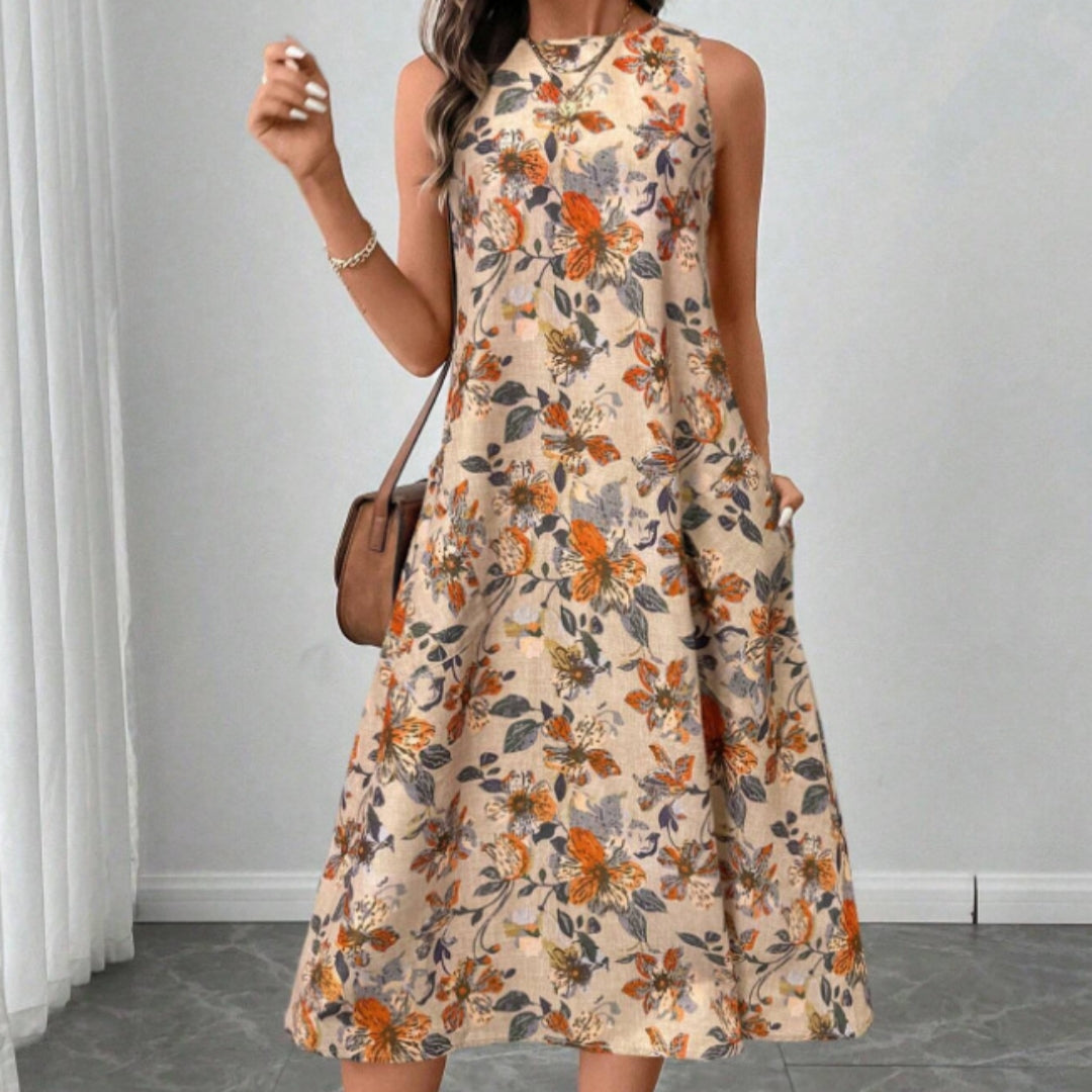 Floral Print A-Line Midi Dress with Pockets | Boho Vintage