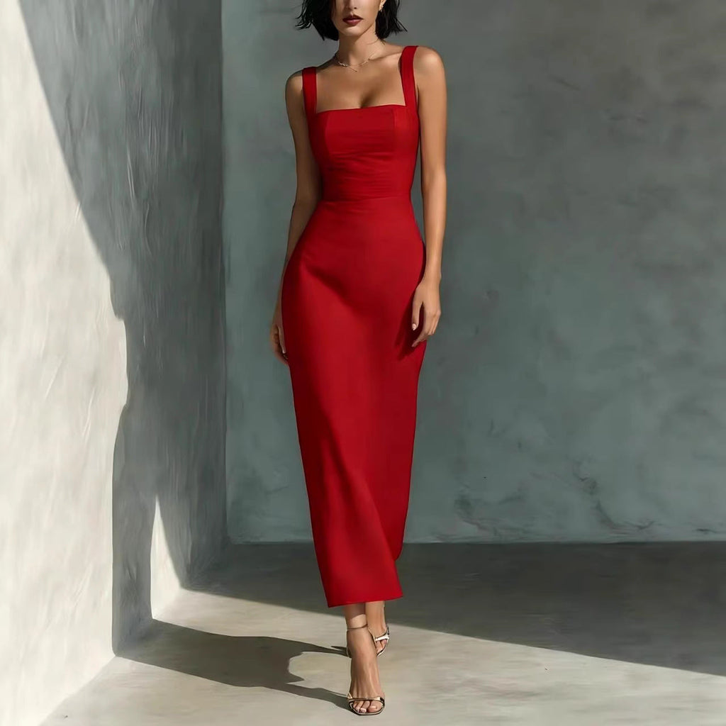 Square Neck Sling Dress – High Waist Midi Dress