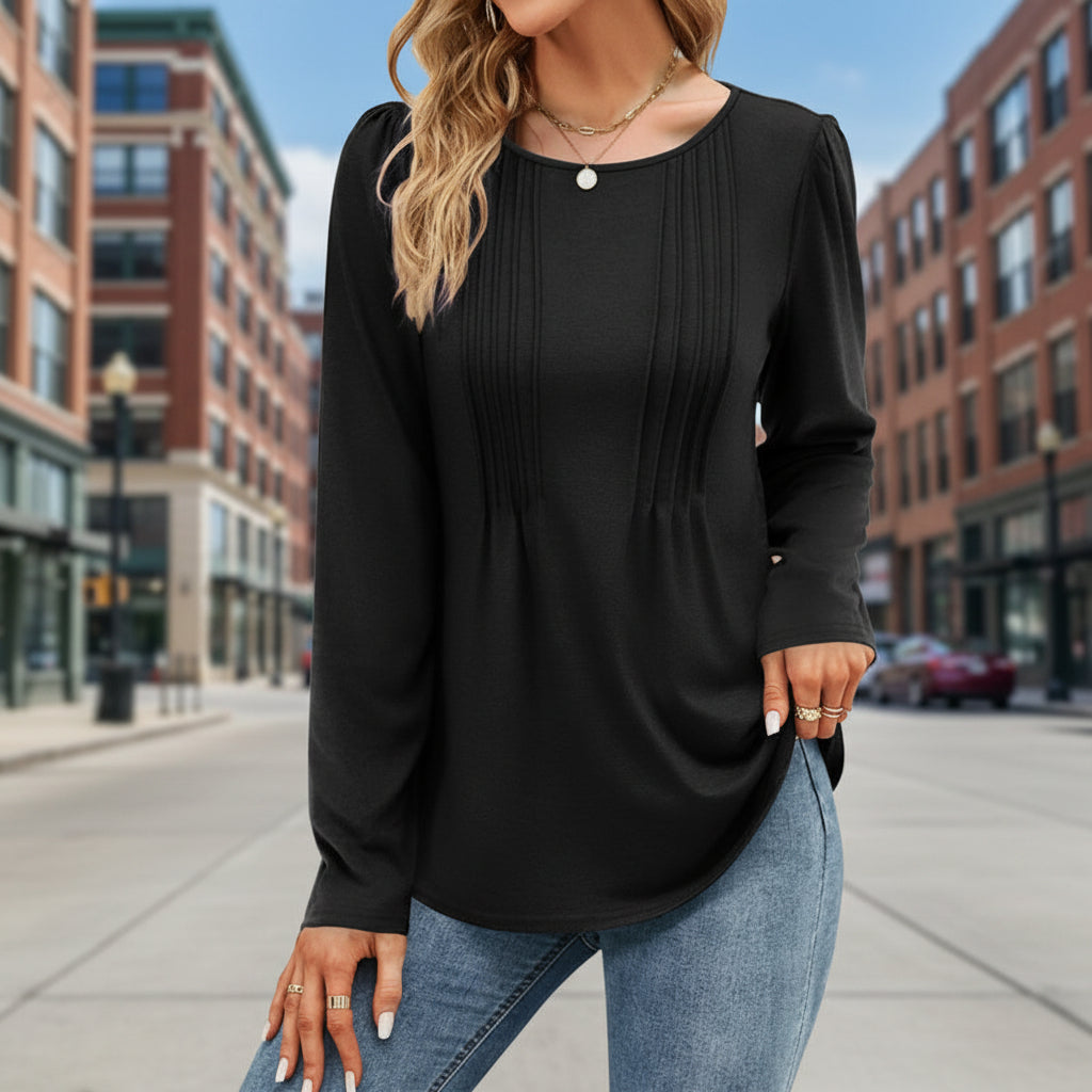 Women's Long Sleeve Crew Neck Blouse – Pintuck Pleat Front