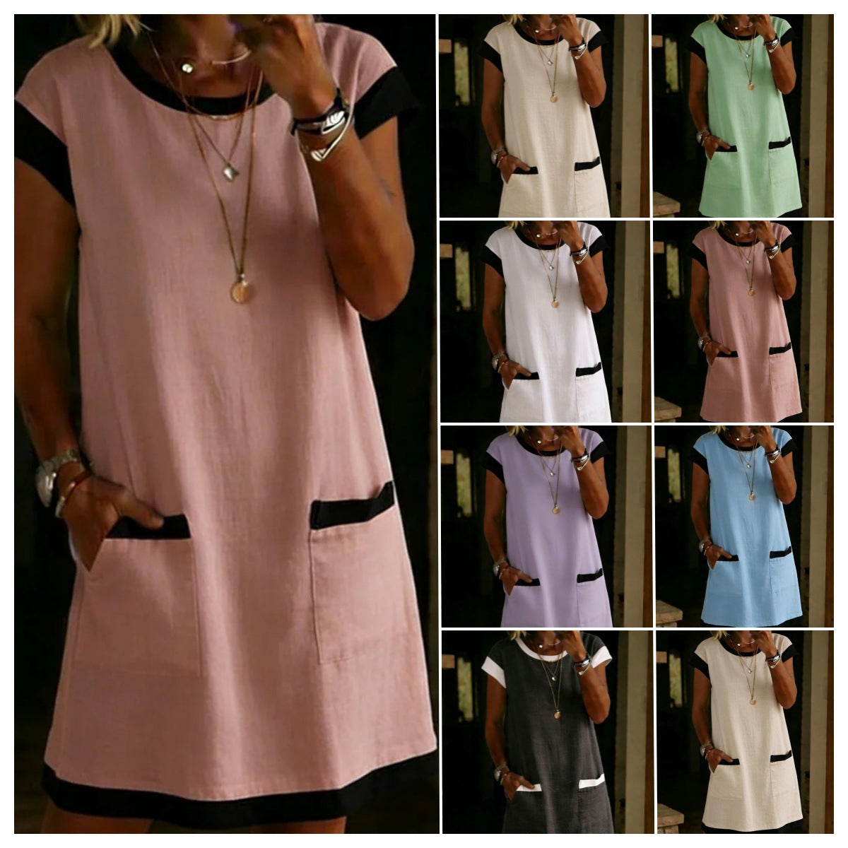 Women's Color-Block T-Shirt Mini Dress – Pocket Straight Cut