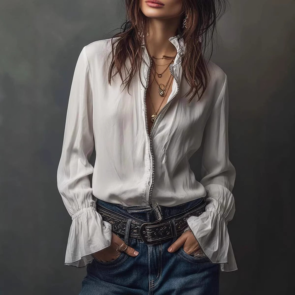 Women's Ruffled Sleeve Resort Shirt – Stretch Casual Long Blouse