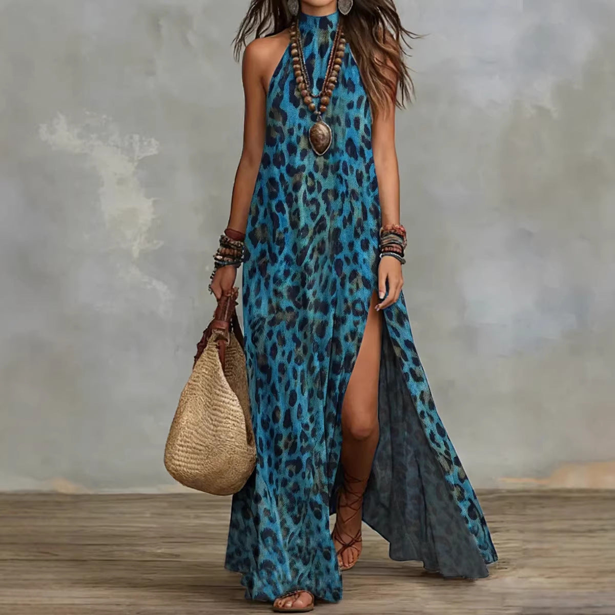 Women's Printed Scarf-Style Maxi Dress – Sleeveless, Split, Loose Boho