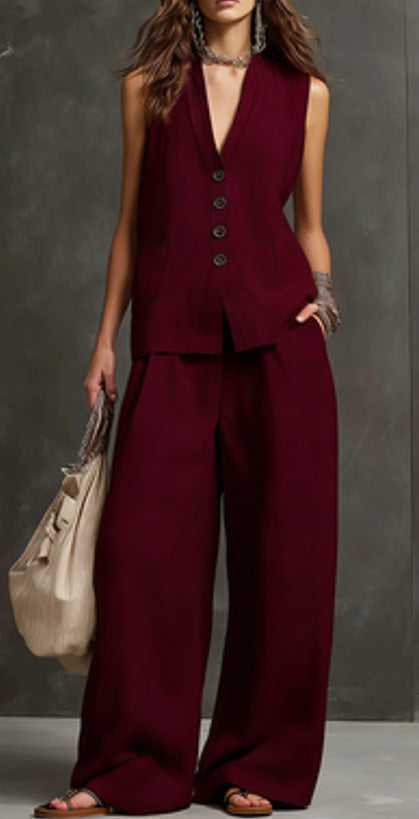 Women's Linen Sleeveless Vest & Wide-Leg Pants Two-Piece Set