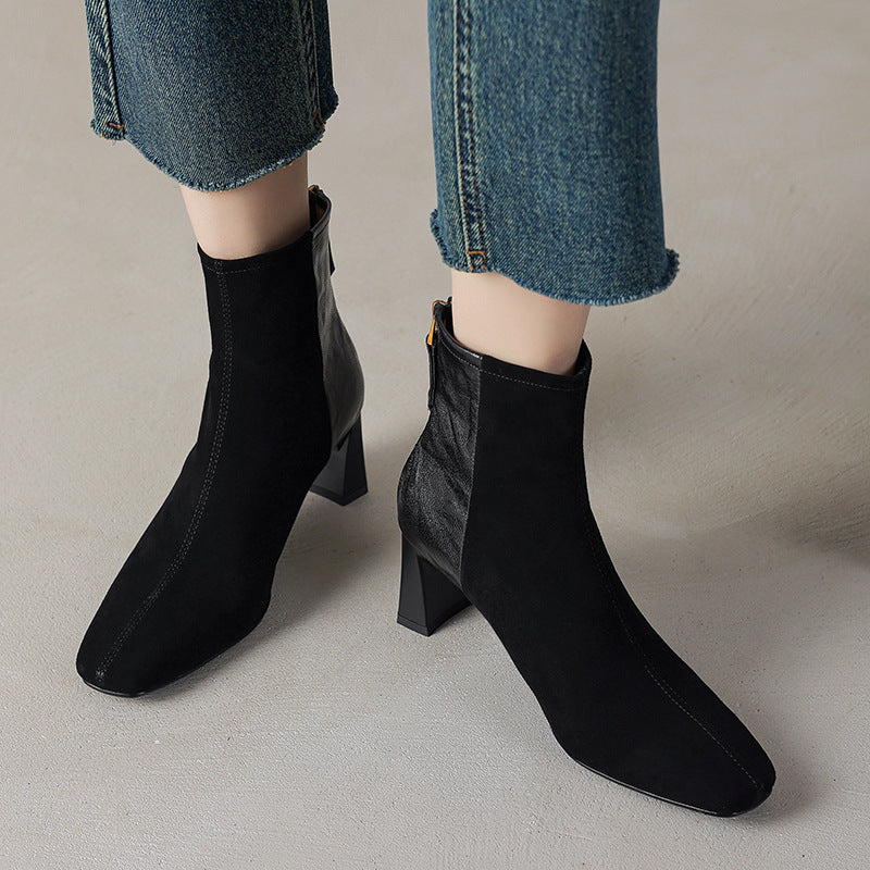 Women's Sheepskin Square Toe Chunky Heel Ankle Boots – Korean Patchwork Style