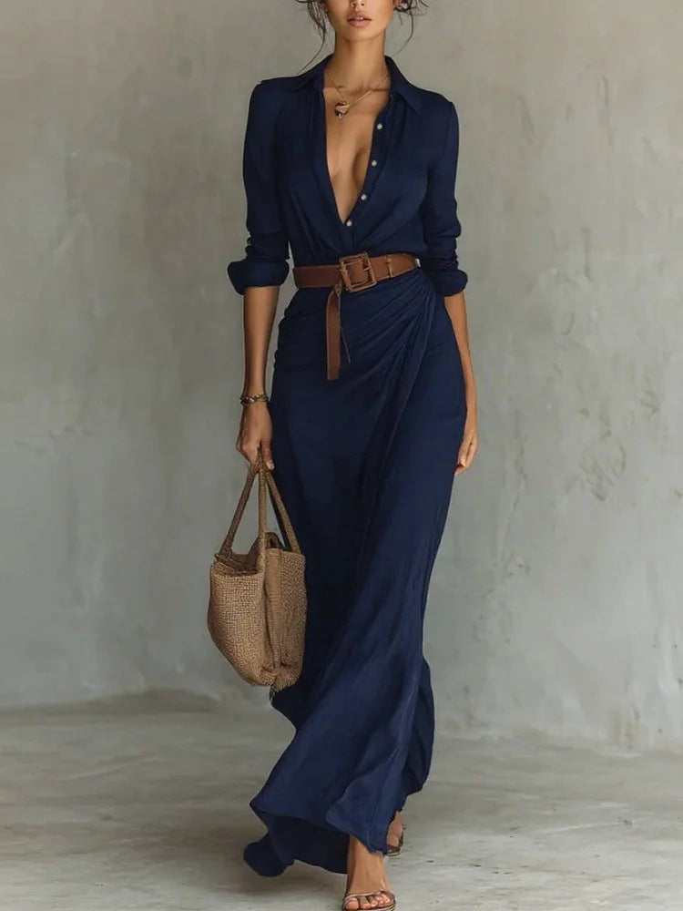 Women's Elegant Belted Irregular Ruffle Long Dress – Slim Waist