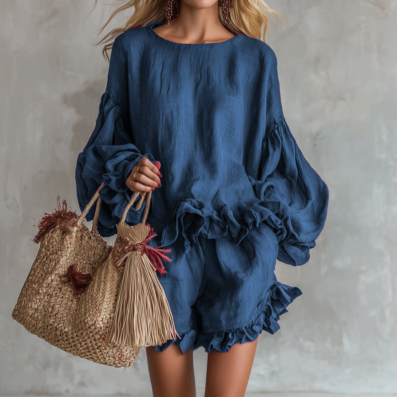 Women's Lantern Sleeve Top & Shorts Two-Piece Set – Loose Fit