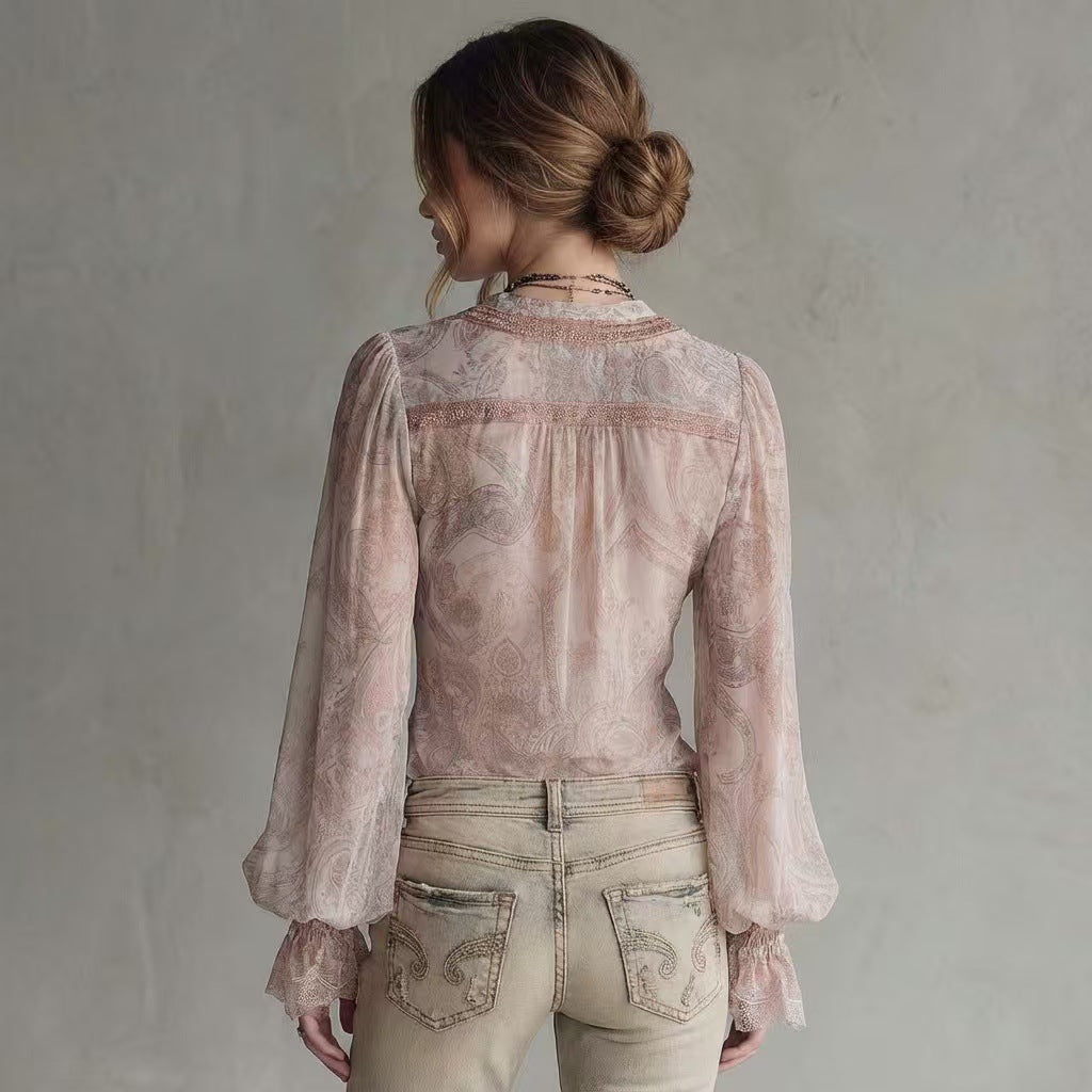 Women's Lace Flared Sleeve Fake Two-Piece Knotted Top