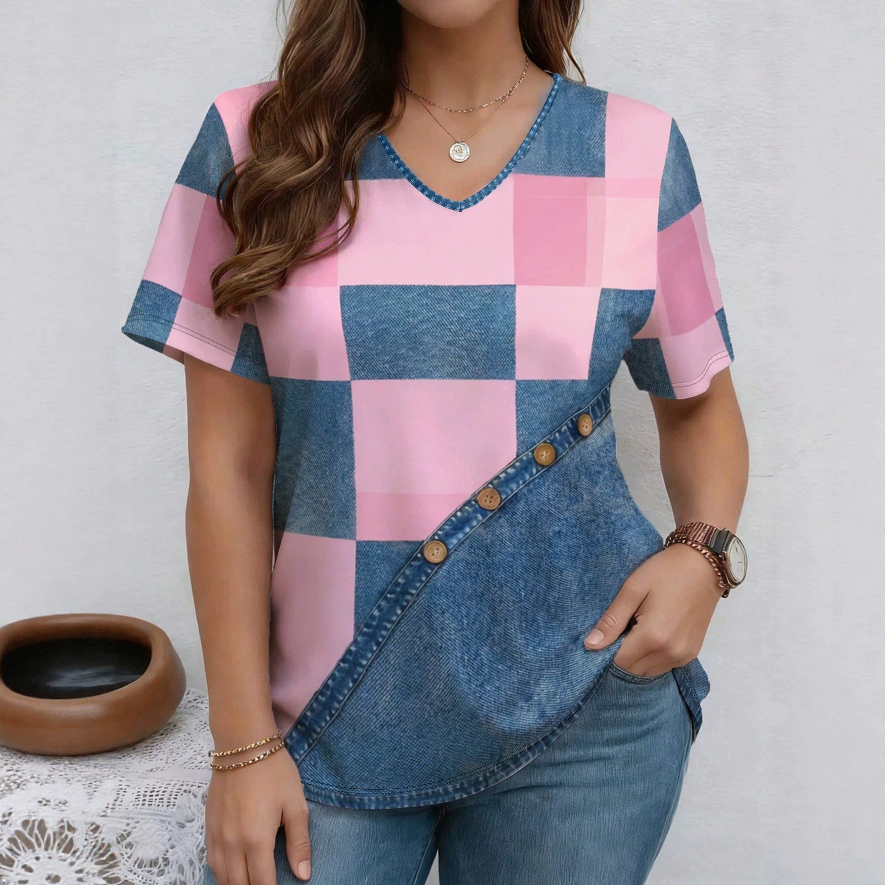 V-Neck Denim Print Short Sleeve T-Shirt | Loose Casual Tee